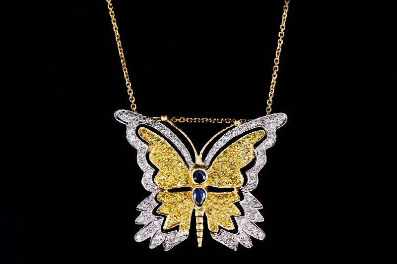 18K Yellow Gold 1.27 Carat Total Weight Sapphire & Yellow Diamond Butterfly Pendant Necklace