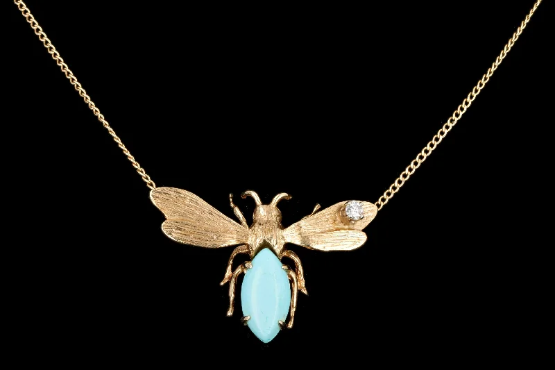 Vintage 14K Yellow Gold Turquoise & Diamond Bumble Bee Pendant Necklace