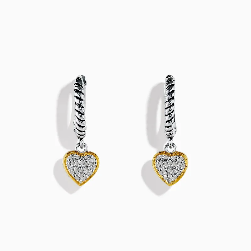 925 Sterling Silver and 18K Yellow Gold Diamond Heart Drop Earrings