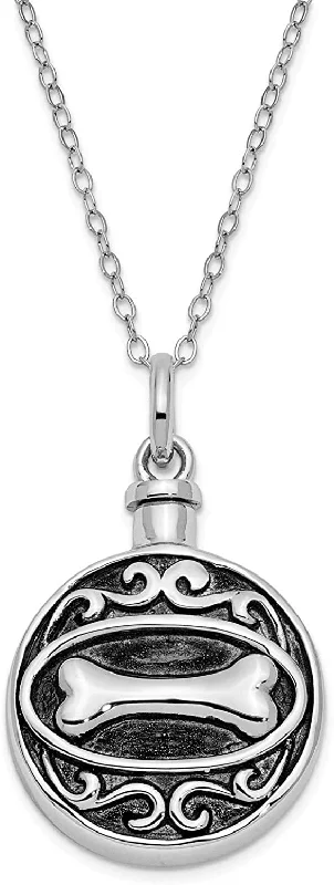 Antiqued Dog Bone Ash Holder Pendant Necklace, Rhodium-Plated Sterling Silver, 18" (36x25MM)