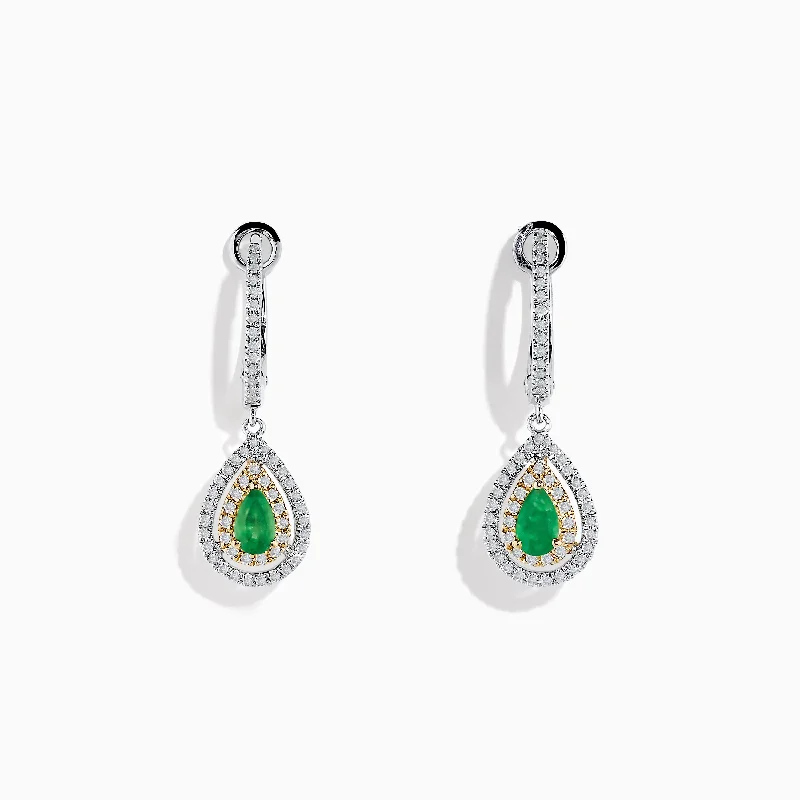 14K White & Yellow Gold Pear Shaped Double Diamond Halo Emerald Drop Earrings