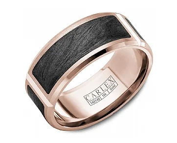 Carlex Textured 9mm Wedding Ring in 14K Rose Gold/Black Forged Carbon Fiber