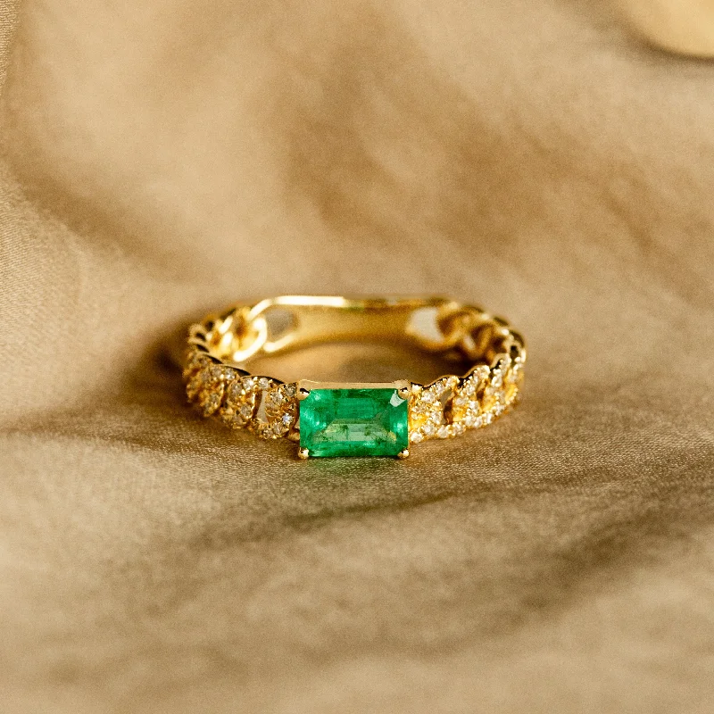 14K Gold Emerald Diamond Curb Link Ring