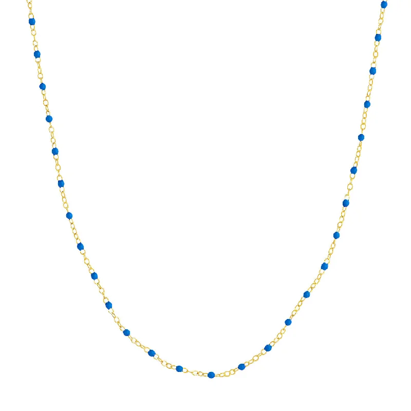 14K Yellow Gold & Cobalt Blue Enamel Bead Station Chain Necklace