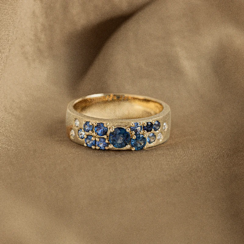 14K Yellow Gold Natural Blue Sapphire Diamond Brushed Band