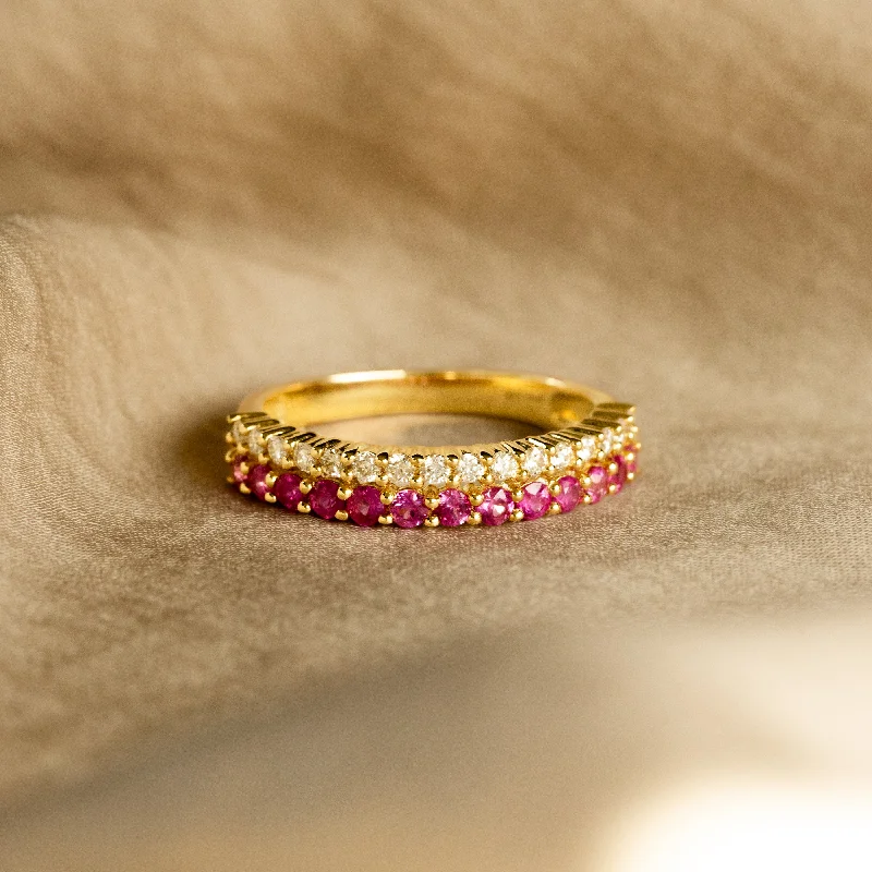 14K Yellow Gold Natural Ruby Diamond Double Row Band