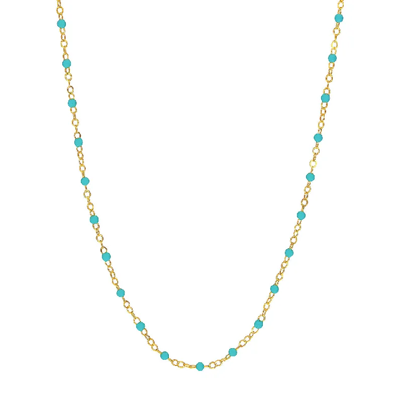 14K Yellow Gold & Turquoise Blue Enamel Bead Station Chain Necklace