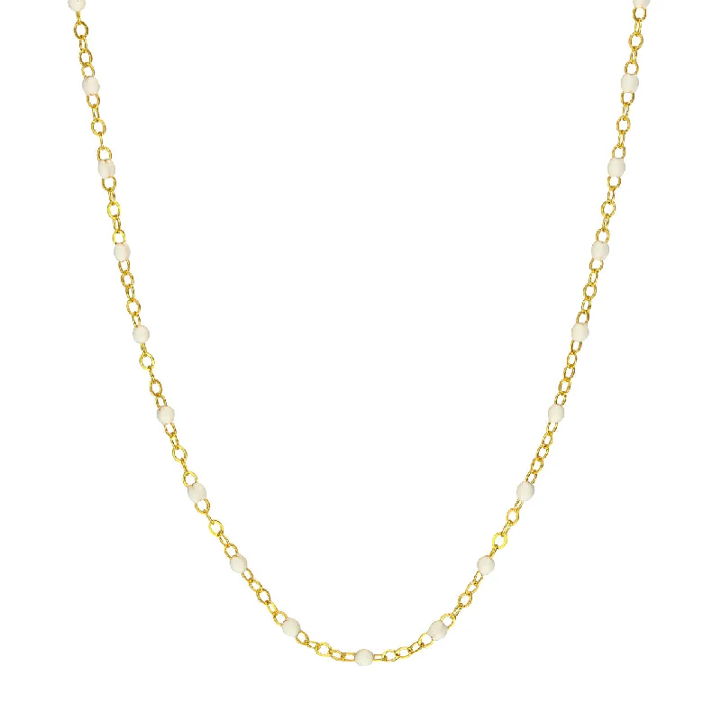 14K Yellow Gold & White Enamel Bead Station Chain Necklace