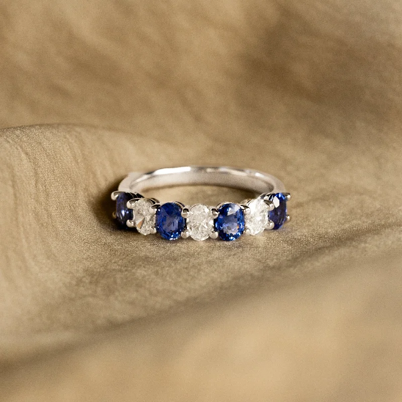 18K Gold Oval Natural Sapphire Oval Diamond Band