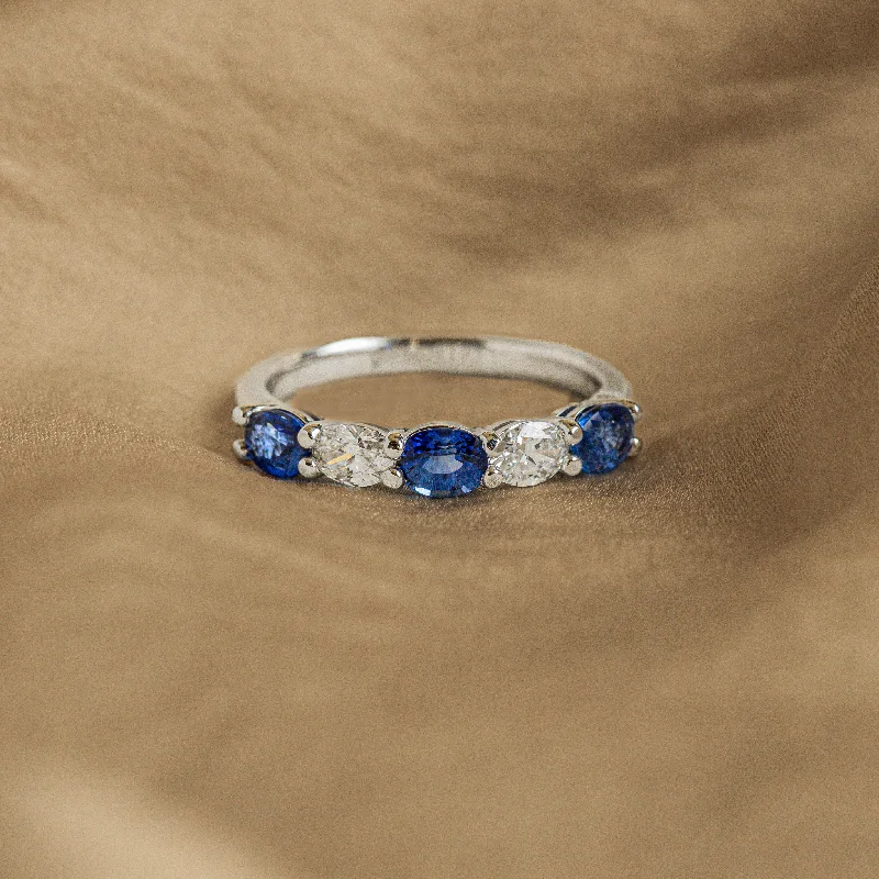 18K White Gold Oval Natural Sapphire Diamond Five Stone Band