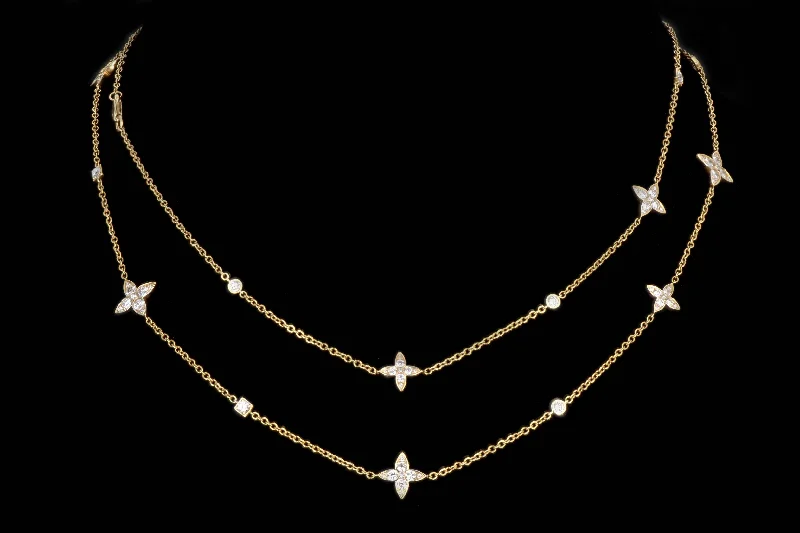 18K Yellow Gold 2.75 Carat Total Weight Diamond Flower Station Long Necklace