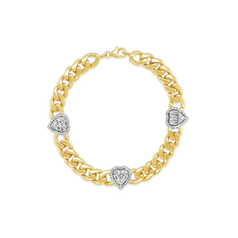 Cuban Chain Three Heart Diamond Bracelet