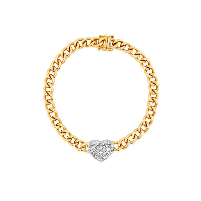 Cuban Chain Two-Tone Pavé Diamond Heart Bracelet