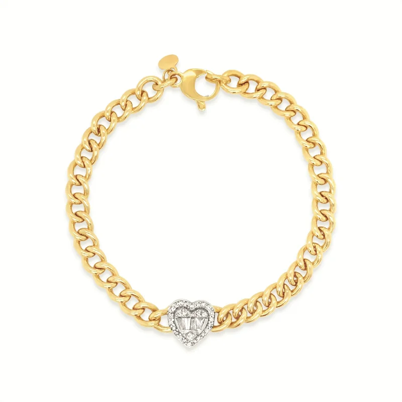 Cuban Chain Two-Tone Diamond Halo Heart Bracelet