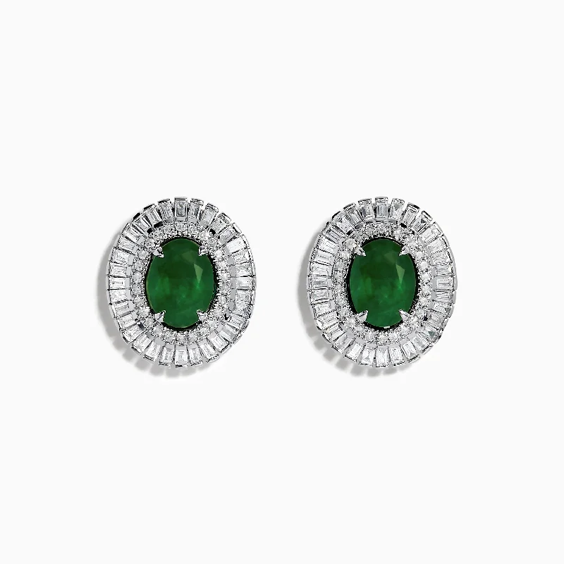 14K White Gold Emerald and Diamond Stud Earrings