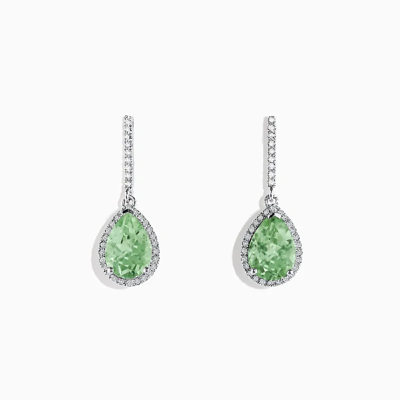 14K White Gold Green Amethyst and Diamond Drop Earrings