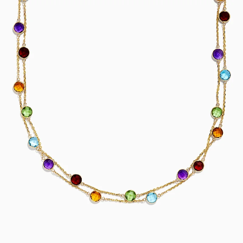 14K Yellow Gold Multi Gemstone Station Necklace, 28.93 TCW