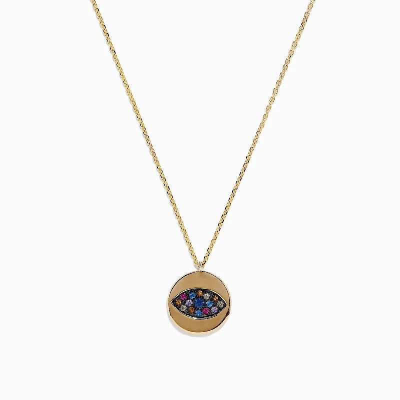 14K Yellow Gold Multi Sapphire and Diamond Evil Eye Necklace, 0.29 TCW