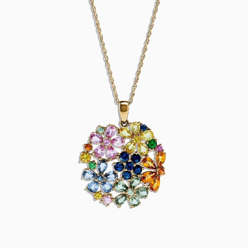 14K Yellow Gold Multi Sapphire and Tsavorite Floral Pendant, 7.53 TCW