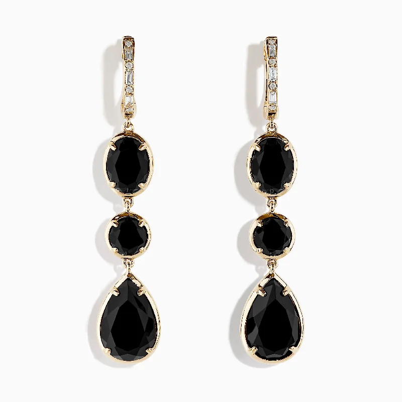 14K Yellow Gold Onyx and Diamond Drop Earrings