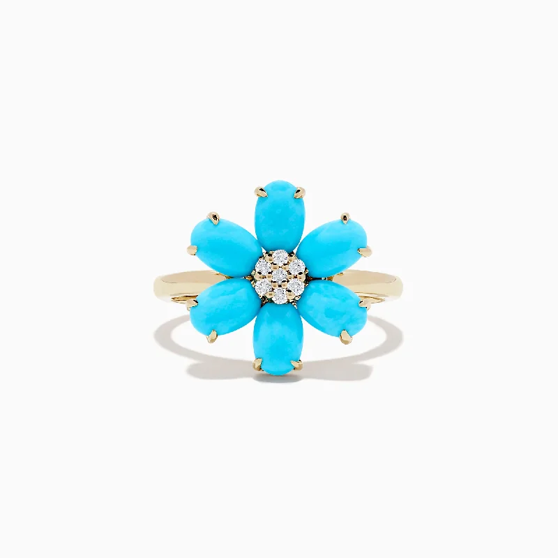 14K Yellow Gold Turquoise and Diamond Flower Ring, 2.26 TCW