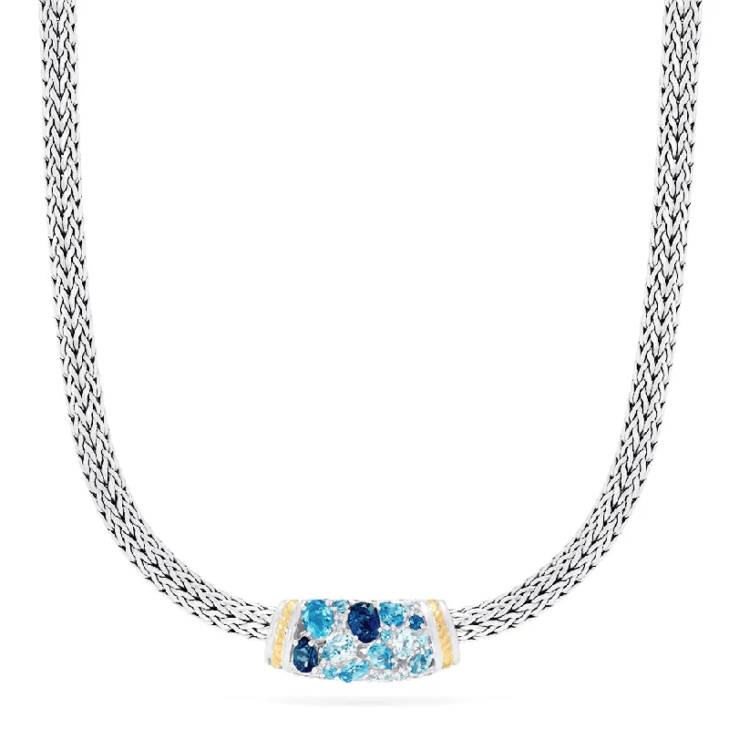 925 Sterling Silver & 18K Gold Blue Topaz Splash Necklace, 6.70 TCW