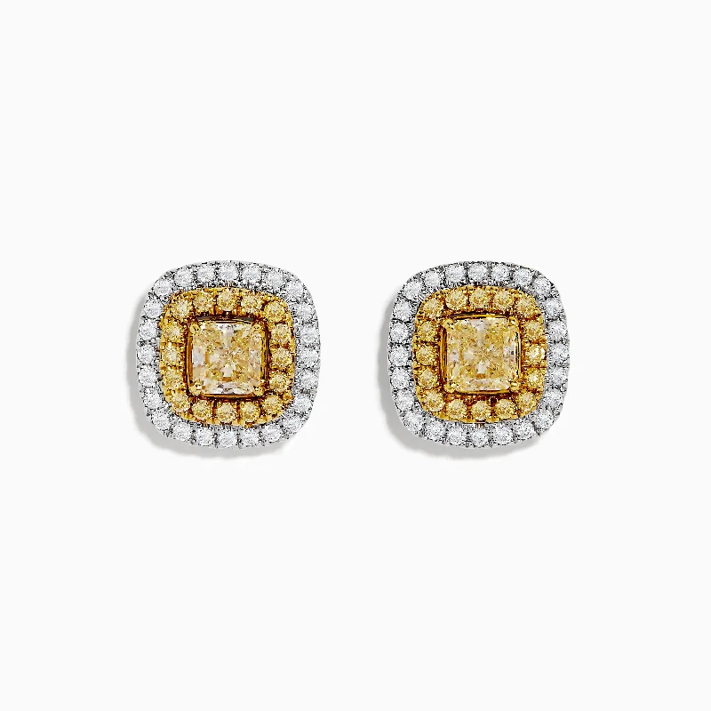 Canare 14k Two Tone Gold Cushion Halo Yellow Diamond Statement Stud Earrings 2.34 TCW