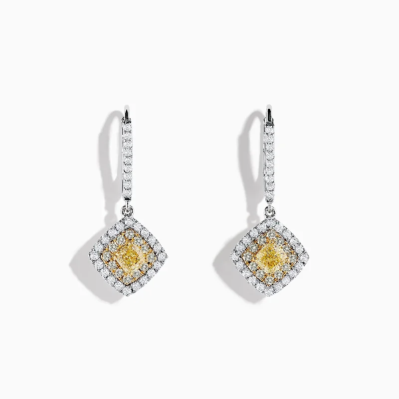 Canare 18K Two-Tone Gold Cushion Shaped Double Halo Yellow Diamond Drop Earrings