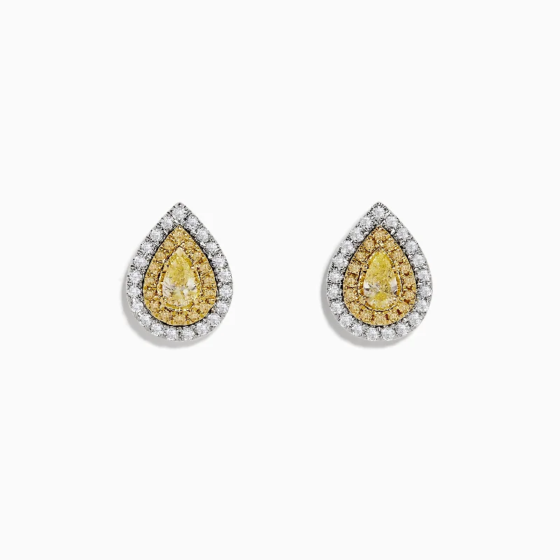 Canare 18k Two Tone Pear Shaped Double Halo Yellow Diamond Stud Earrings