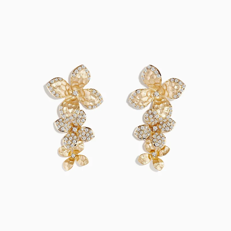 D'oro 14 Karat Yellow Gold Diamond Flower Drop Earrings