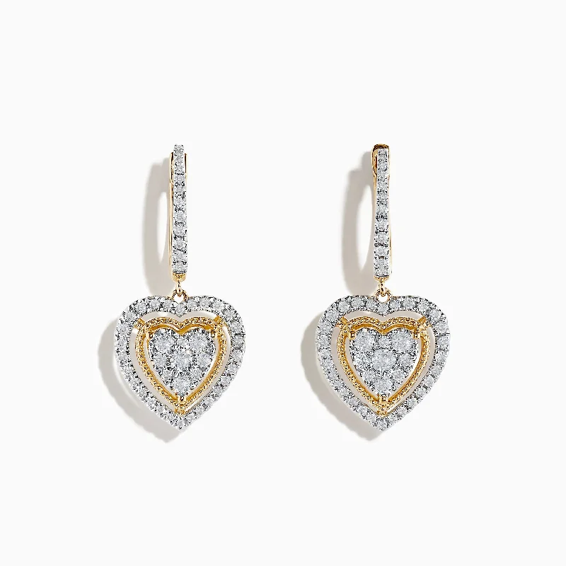 D'Oro 14 Karat Yellow Gold Diamond Heart Drop Earrings