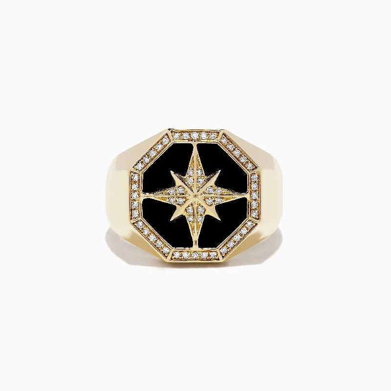 Men's 14K Yellow Gold Onyx and Diamond Star Ring, 0.21 TCW