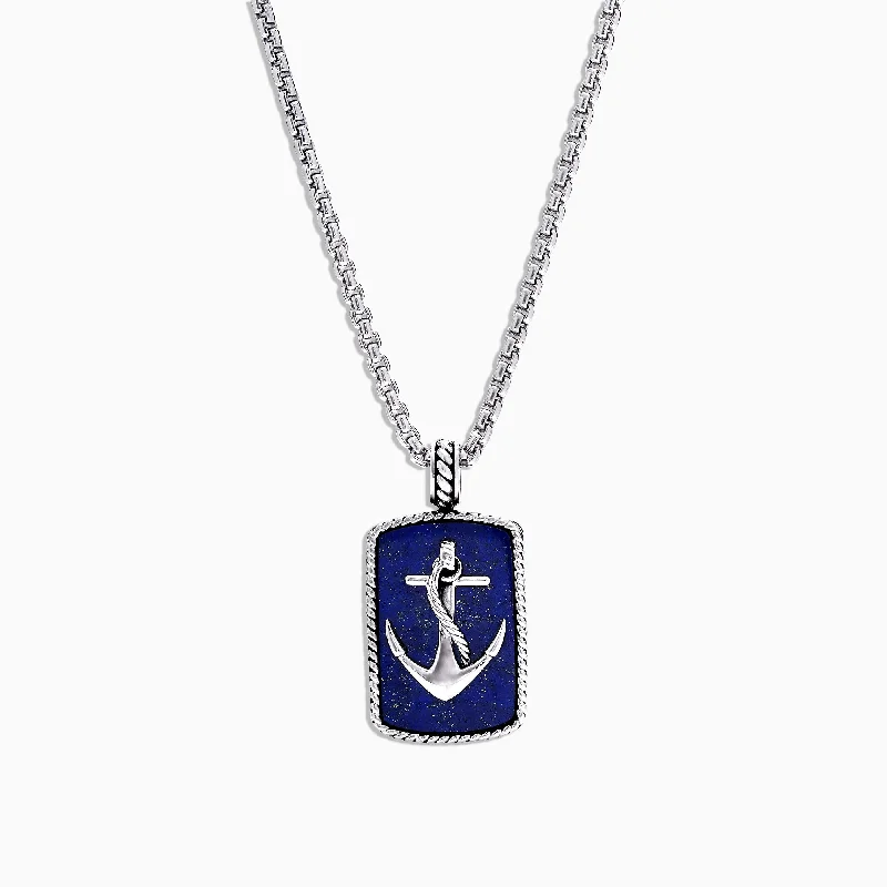 Men's Sterling Silver Lapis Lazuli Anchor Dog Tag Pendant, 18.85 TCW