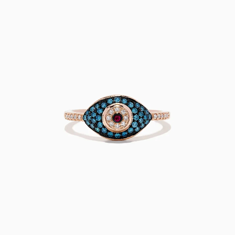 Novelty 14K Gold Ruby,White & Blue Diamond Evil Eye Ring, 0.29 TCW