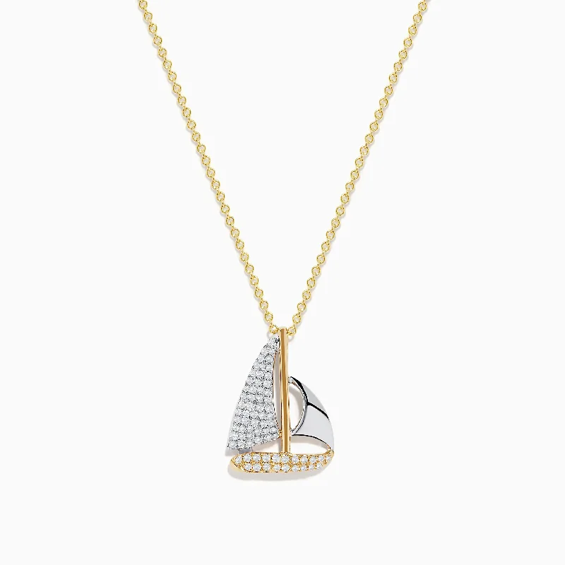 Novelty 14K Two Tone Gold Diamond Sailboat Pendant, 0.27 TCW