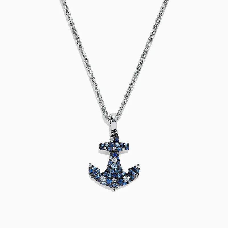 925 Sterling Silver Blue Sapphire Splash Anchor Pendant, 1.40 TCW