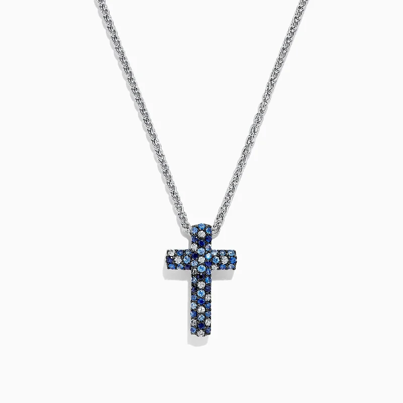 925 Sterling Silver Blue Sapphire Splash Cross Pendant, 0.95 TCW