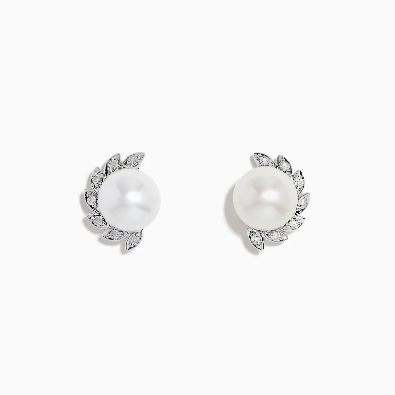 Pearl 14K White Gold Fresh Water Pearl and Diamond Stud Earrings