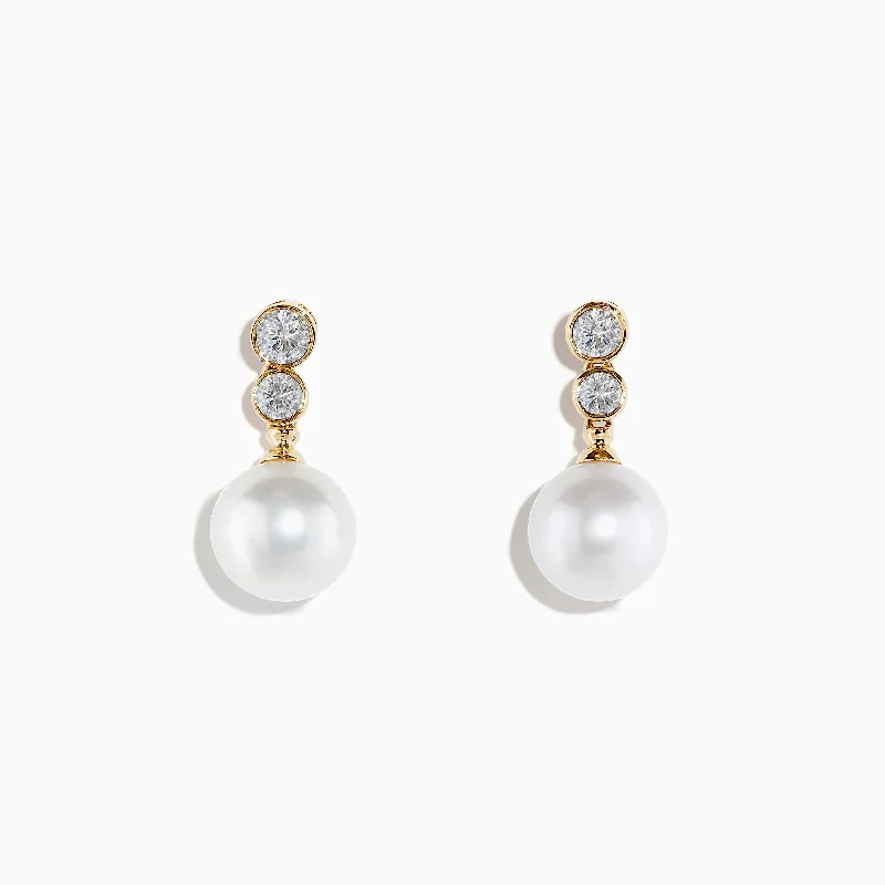 Pearl 14K Yellow Gold Fresh Water Pearl and Diamond Drop Earrings