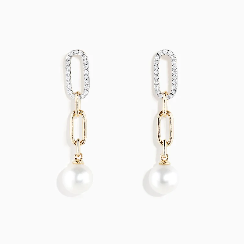 Pearl 14K Yellow Gold Freshwater Pearl and Diamond Drop Earrings