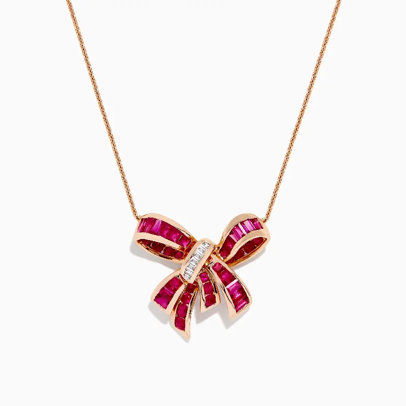 Ruby Royale 14K Rose Gold Ruby and Diamond Bow Necklace, 2.97 TCW