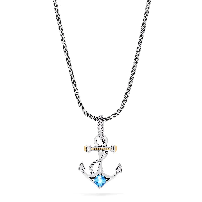 Seaside Sterling Silver & 18K Gold Blue Topaz Anchor Pendant, 0.80 TCW