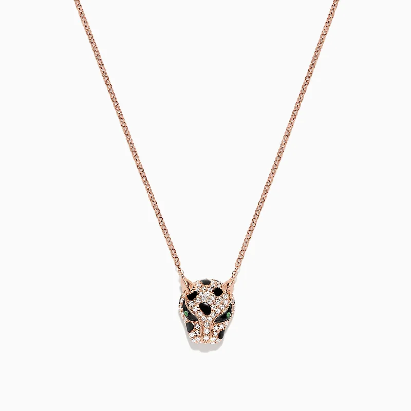 Signature 14K Rose Gold Diamond and Tsavorite Panther Head Necklace, 0.33 TCW