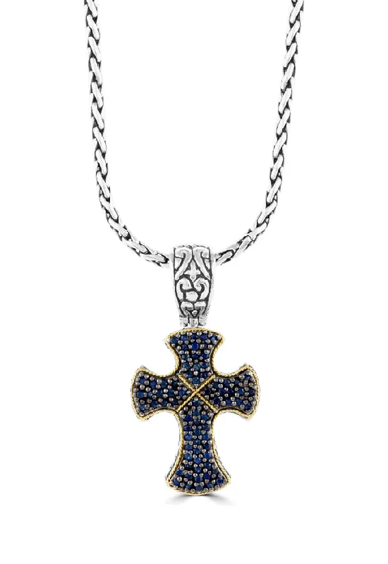 Sterling Silver & 18K Gold Blue Sapphire Cross Pendant, 0.88 TCW