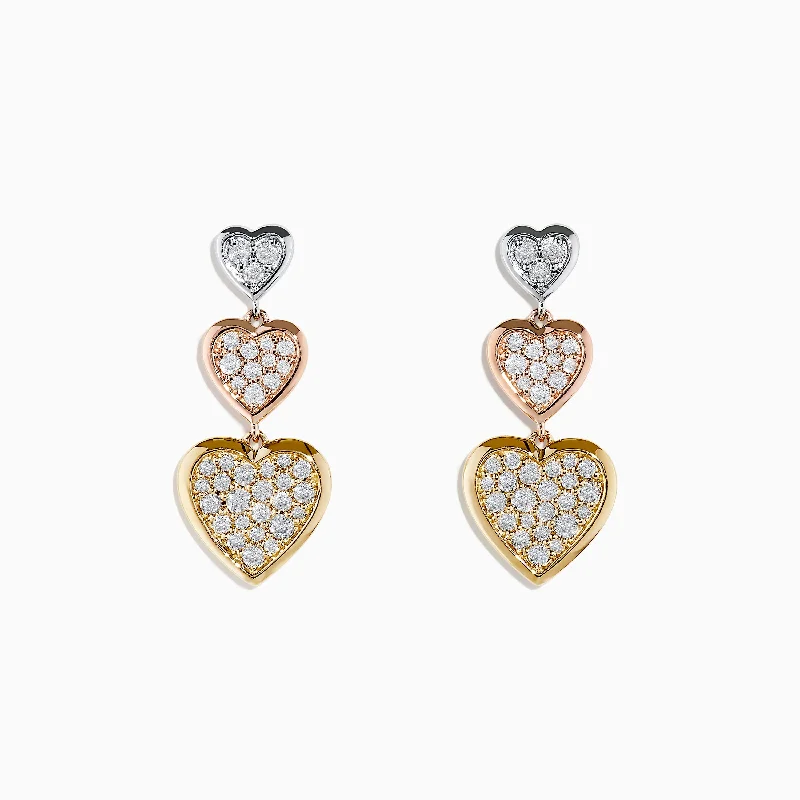 Trio 14K Three Tone Gold Diamond Heart Drop Earrings 0.65 TCW