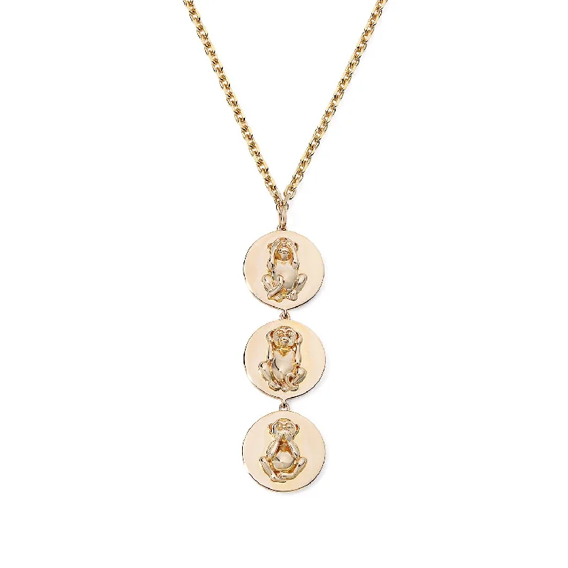 Gold Wise Monkey Medallion Drop Necklace