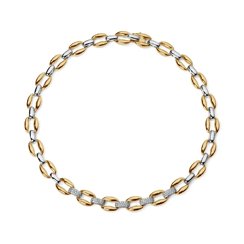 Gold and Pave Oval Link Necklace with 5 Pave Sections