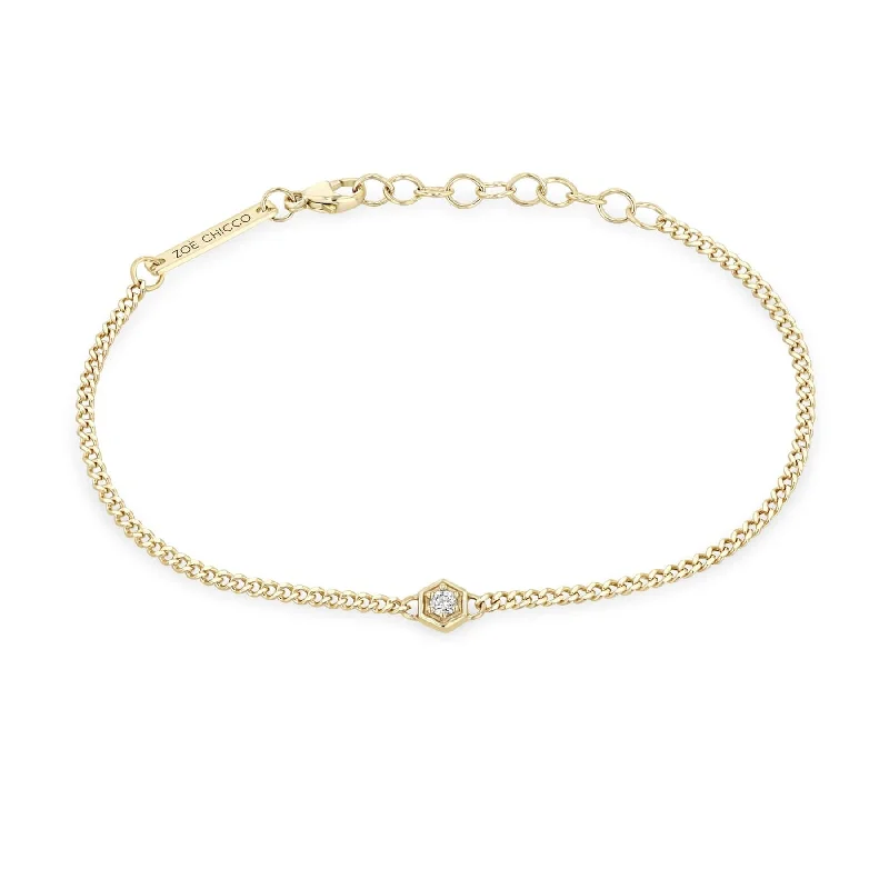 14k Hexagon Round Diamond Extra Small Curb Chain Bracelet