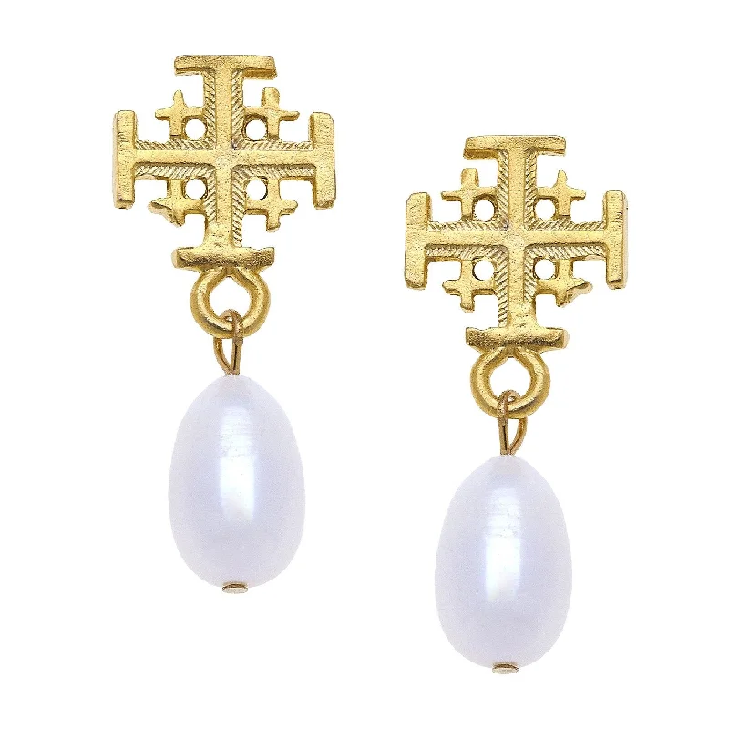 Jerusalem Cross Drop Pearl Earrings