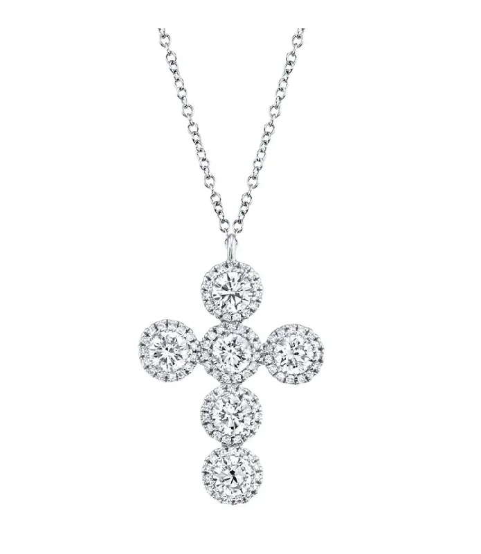 14K White Gold Diamond Halo Cross Pendant Necklace